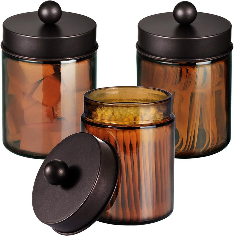 Komashr Amber Glass Qtip Holder, Apothecary Jars with brown Metal Lid & Stickers-Bathroom Qtip Dispenser Storage Organizer Set,Vanity Counter Canister for Cotton Swabs,Round Pads,Floss (3 Pack,bronze) - Image 1